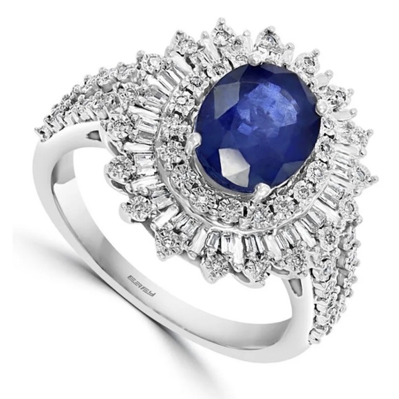 EFFY Statement Ring 14k White Gold, huge Sapphire Nestled in Tons of Diamonds LN - Picture 3 of 14